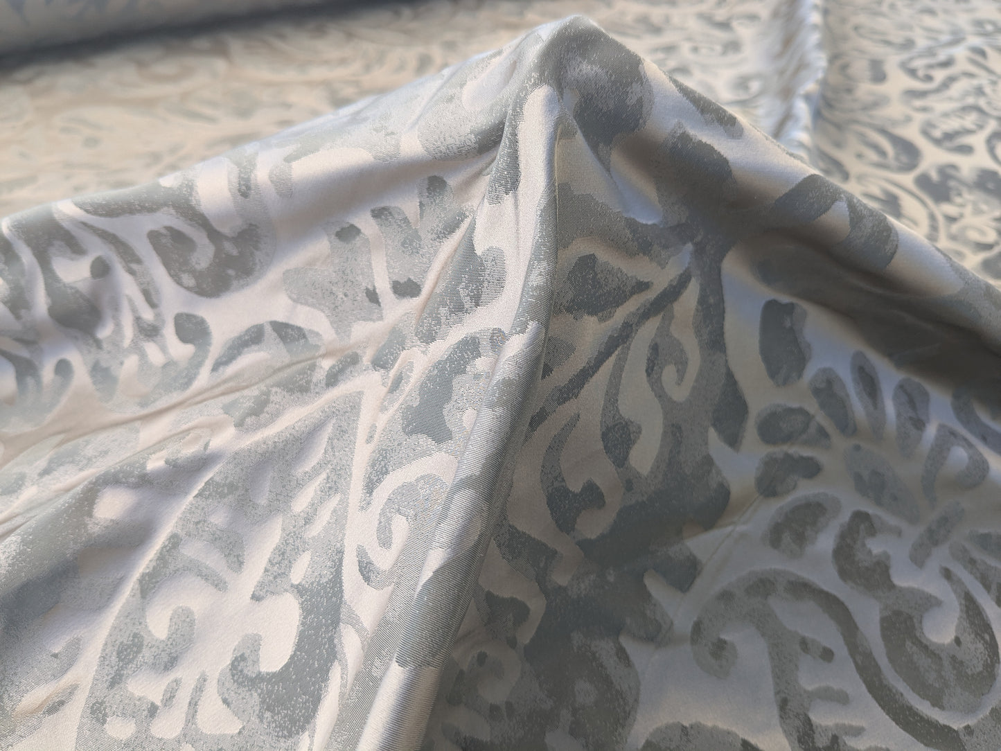 Hiend Abstract "Papercut" Silk Swirl Fleur De Lys Pomegranate in Olivette Grey Silver Pomegranite - By yard