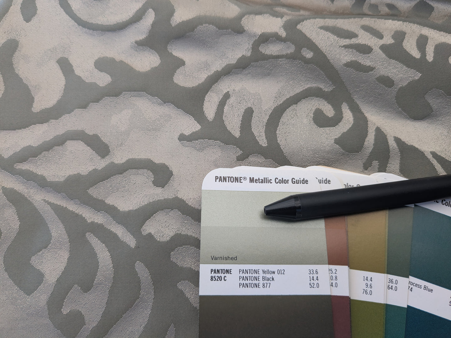 Hiend Abstract "Papercut" Silk Swirl Fleur De Lys Pomegranate in Olivette Grey Silver Pomegranite - By yard