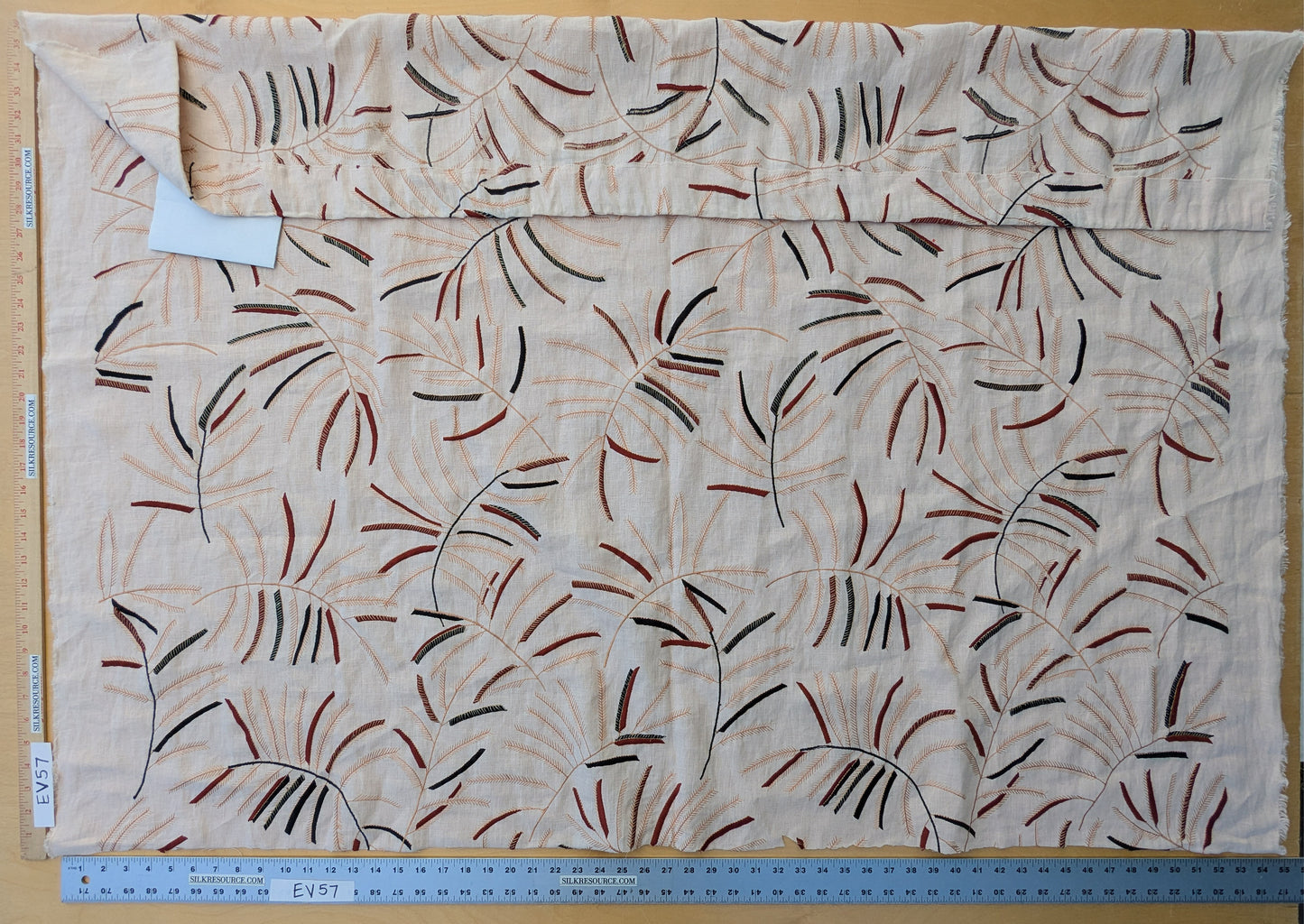 1.2 yards - Scalamandre Lelievre Mimosa Red Black on Peach Embroidered Fern Foliage Linen