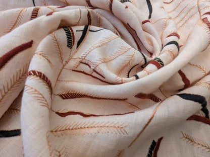 1.2 yards - Scalamandre Lelievre Mimosa Red Black on Peach Embroidered Fern Foliage Linen