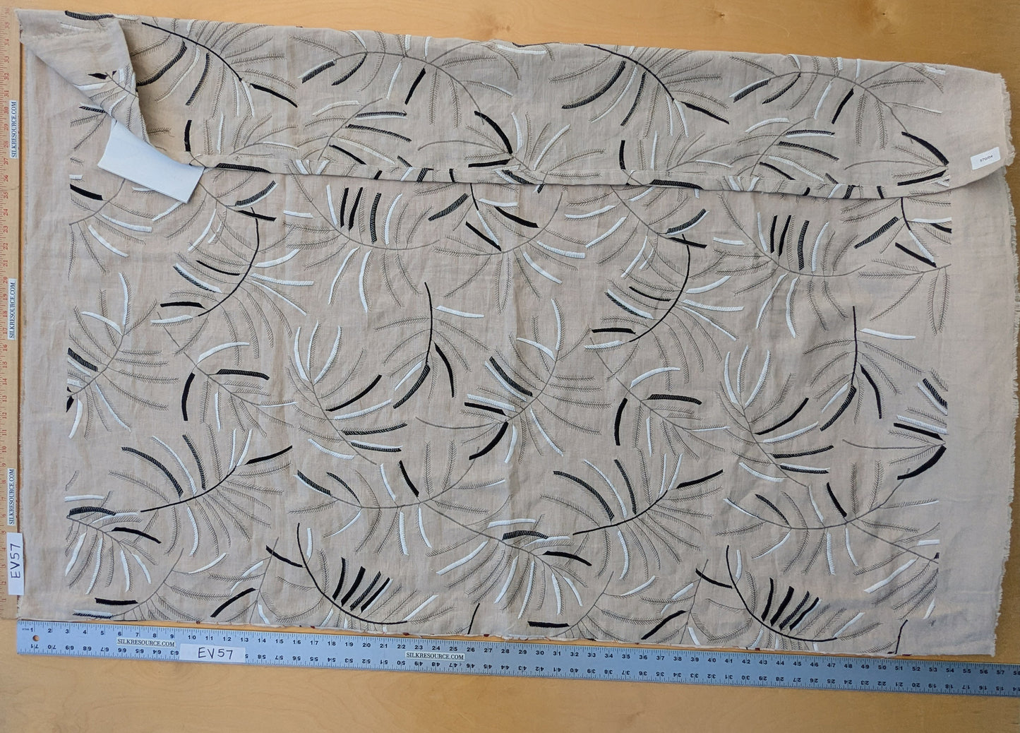 1.2 yards - Scalamandre Lelievre Mimosa White Black on Beige Embroidered Fern Foliage Linen