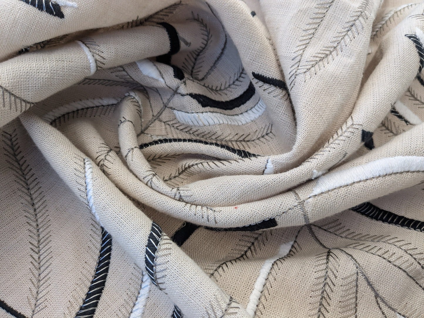 1.2 yards - Scalamandre Lelievre Mimosa White Black on Beige Embroidered Fern Foliage Linen