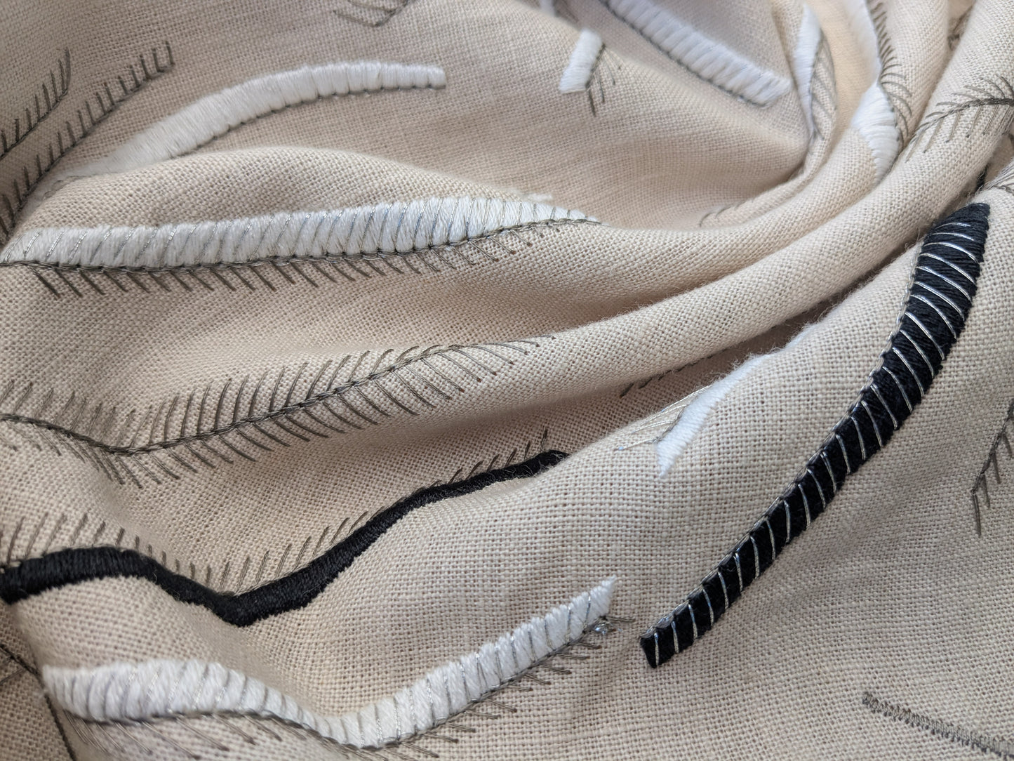 1.1 yards - Scalamandre Lelievre Mimosa White Black on Beige Embroidered Fern Foliage Linen