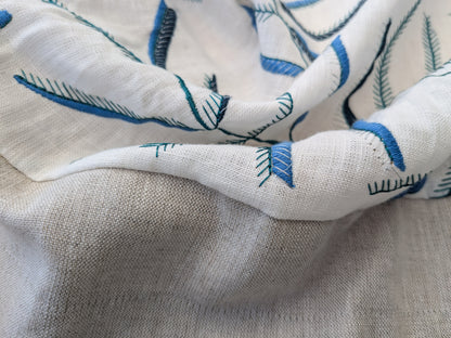 1.3 yards Scalamandre Lelievre Mimosa Santorin Blue Black on White Embroidered Fern Foliage Linen