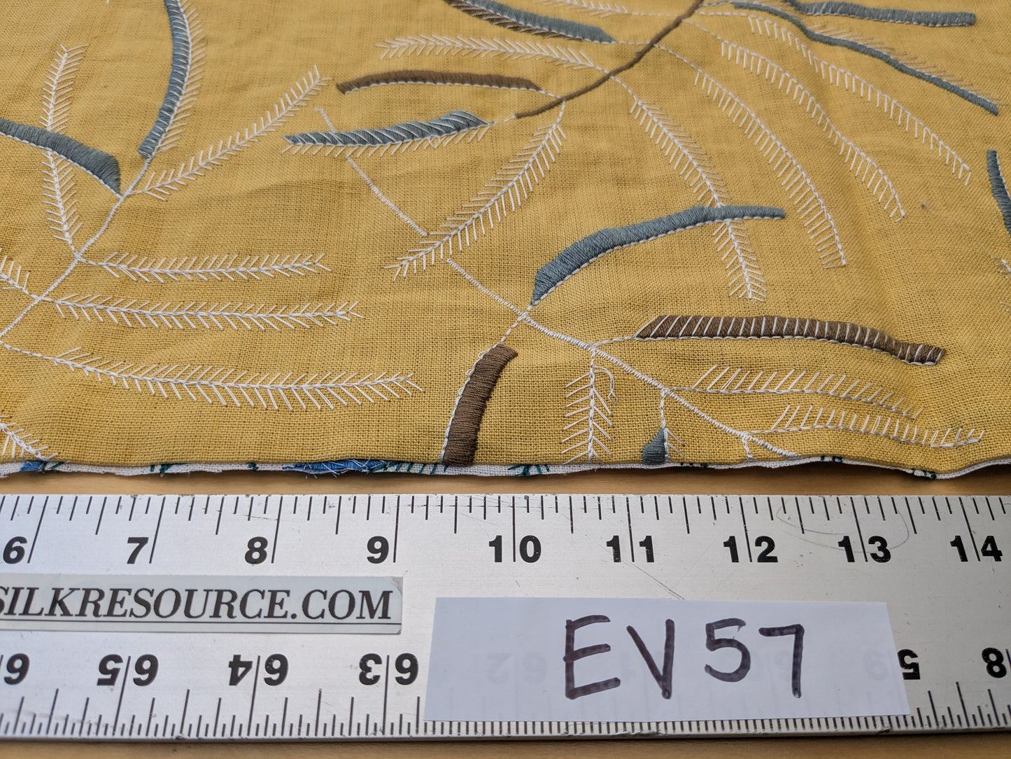 1.1 yards - Scalamandre Lelievre Mimosa Blue White on Yellow Embroidered Fern Foliage Linen