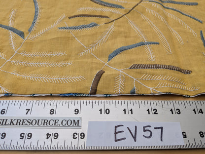 1.1 yards - Scalamandre Lelievre Mimosa Blue White on Yellow Embroidered Fern Foliage Linen