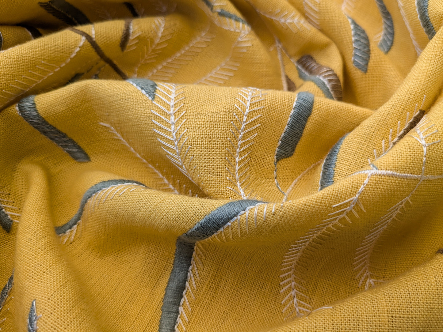 1.1 yards - Scalamandre Lelievre Mimosa Blue White on Yellow Embroidered Fern Foliage Linen