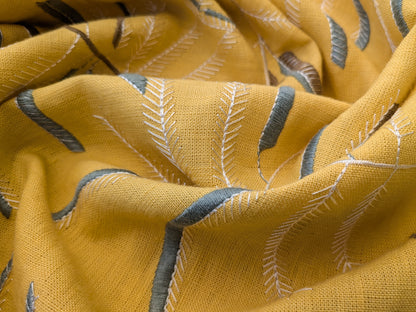1.1 yards - Scalamandre Lelievre Mimosa Blue White on Yellow Embroidered Fern Foliage Linen