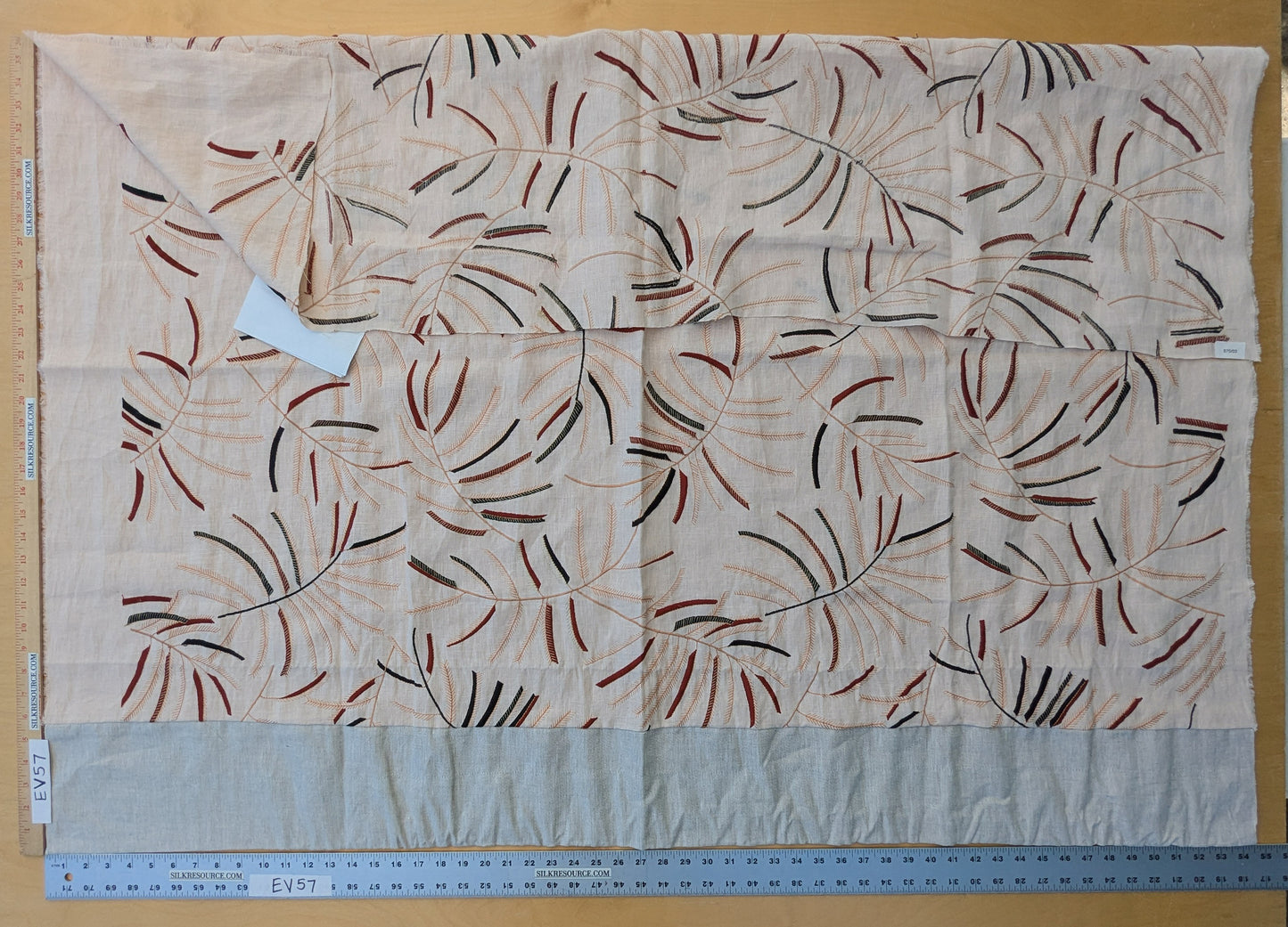 1.3 yards - Scalamandre Lelievre Mimosa Red Black on Peach Embroidered Fern Foliage Linen