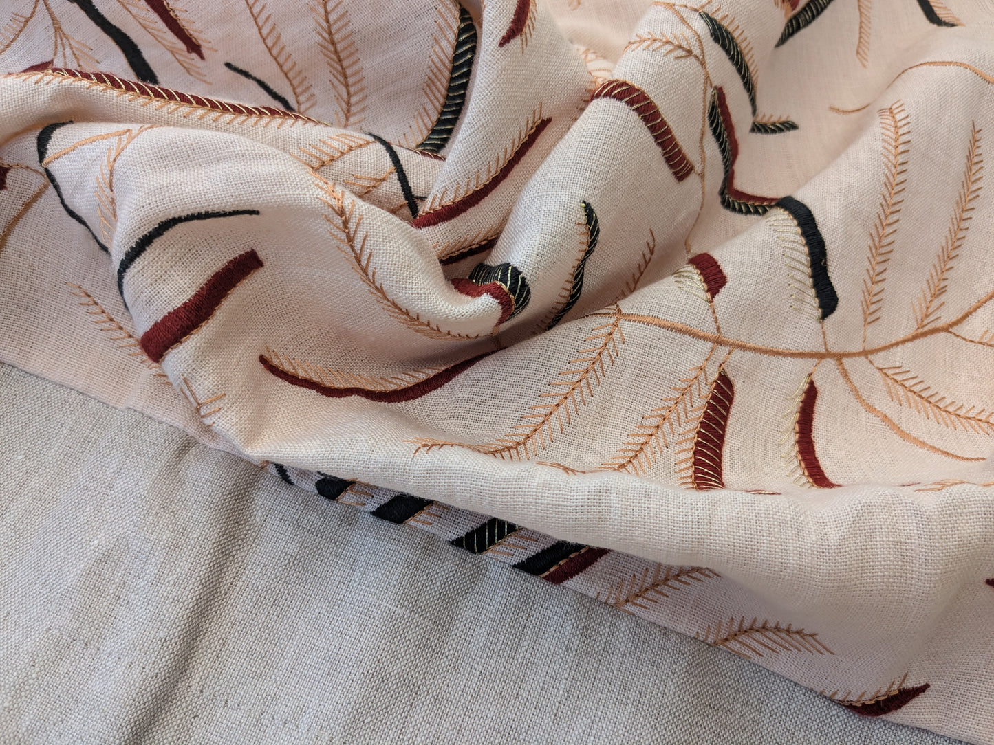 1.3 yards - Scalamandre Lelievre Mimosa Red Black on Peach Embroidered Fern Foliage Linen