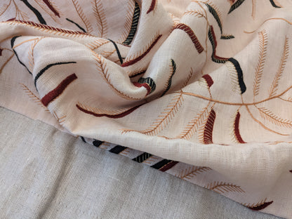 1.3 yards - Scalamandre Lelievre Mimosa Red Black on Peach Embroidered Fern Foliage Linen