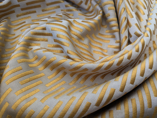 2.6 yards Lelievre Barette Fabric - Modernist Geometric Jacquard in Mustard Gold on Oyster Grey Ground