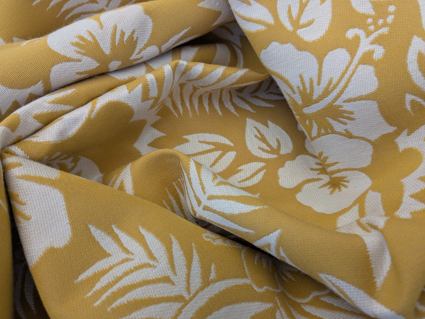 2.3 yards Hibiscus Tropical White Floral on Mustard Ground Yellow