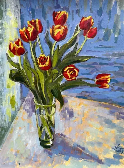 100% Silk Lampas Tulip "rust" Red Mod Picasso Modern Abstract Flora Thick MSRP USD 300+/Y