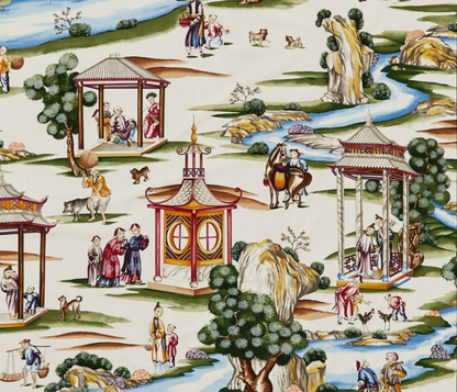BY Yard Scalamandre Shanghai Multi On Cream Chinoisery Painting Printed Cotton MSRP USD584/Y Asian Landscape Special Order