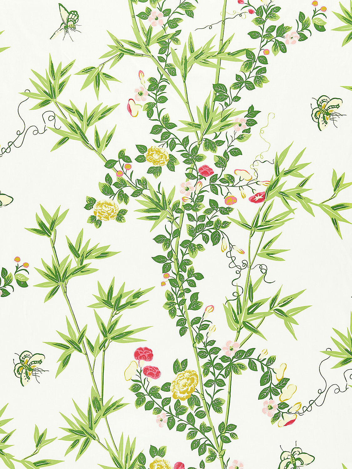 Scalamandre Jardin de Chine Print Spring Green Red White Cotton Bird Animal Botanical Foliage Chinoiserie Floral Bamboo Butterfly MSRP USD 388/y