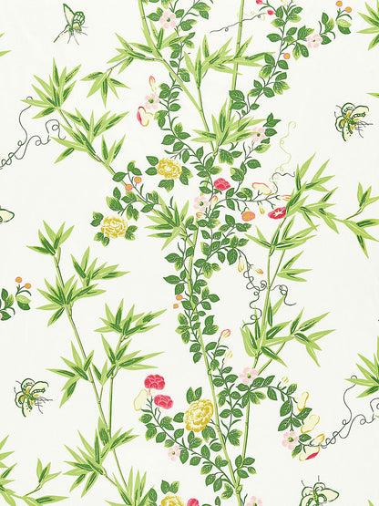 Scalamandre Jardin de Chine Print Spring Green Red White Cotton Bird Animal Botanical Foliage Chinoiserie Floral Bamboo Butterfly MSRP USD 388/y