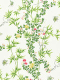 Scalamandre Jardin de Chine Print Spring Green Red White Cotton Bird Animal Botanical Foliage Chinoiserie Floral Bamboo Butterfly MSRP USD 388/y