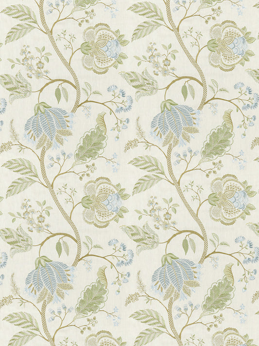 Scalamandre Palampore Embroidery Summer Sage Green Blue Beige Jacobean Tree of Life  Linen Viscose  MSRP USD420/y