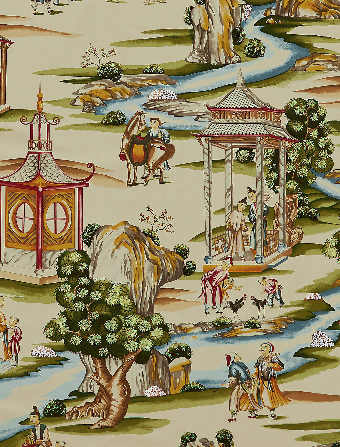 BY Yard Scalamandre Shanghai Multi On Tea Stain Chinoisery Painting Printed Cotton MSRP USD584/Y Asian Landscape Special Order