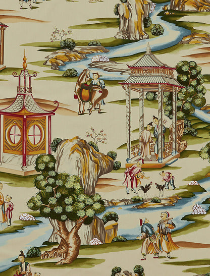 BY Yard Scalamandre Shanghai Multi On Tea Stain Chinoisery Painting Printed Cotton MSRP USD584/Y Asian Landscape Special Order
