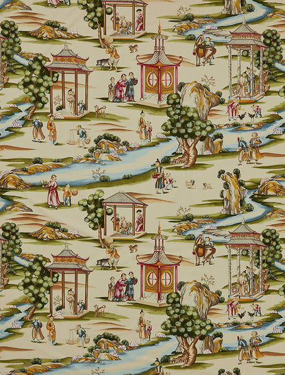 BY Yard Scalamandre Shanghai Multi On Tea Stain Chinoisery Painting Printed Cotton MSRP USD584/Y Asian Landscape Special Order