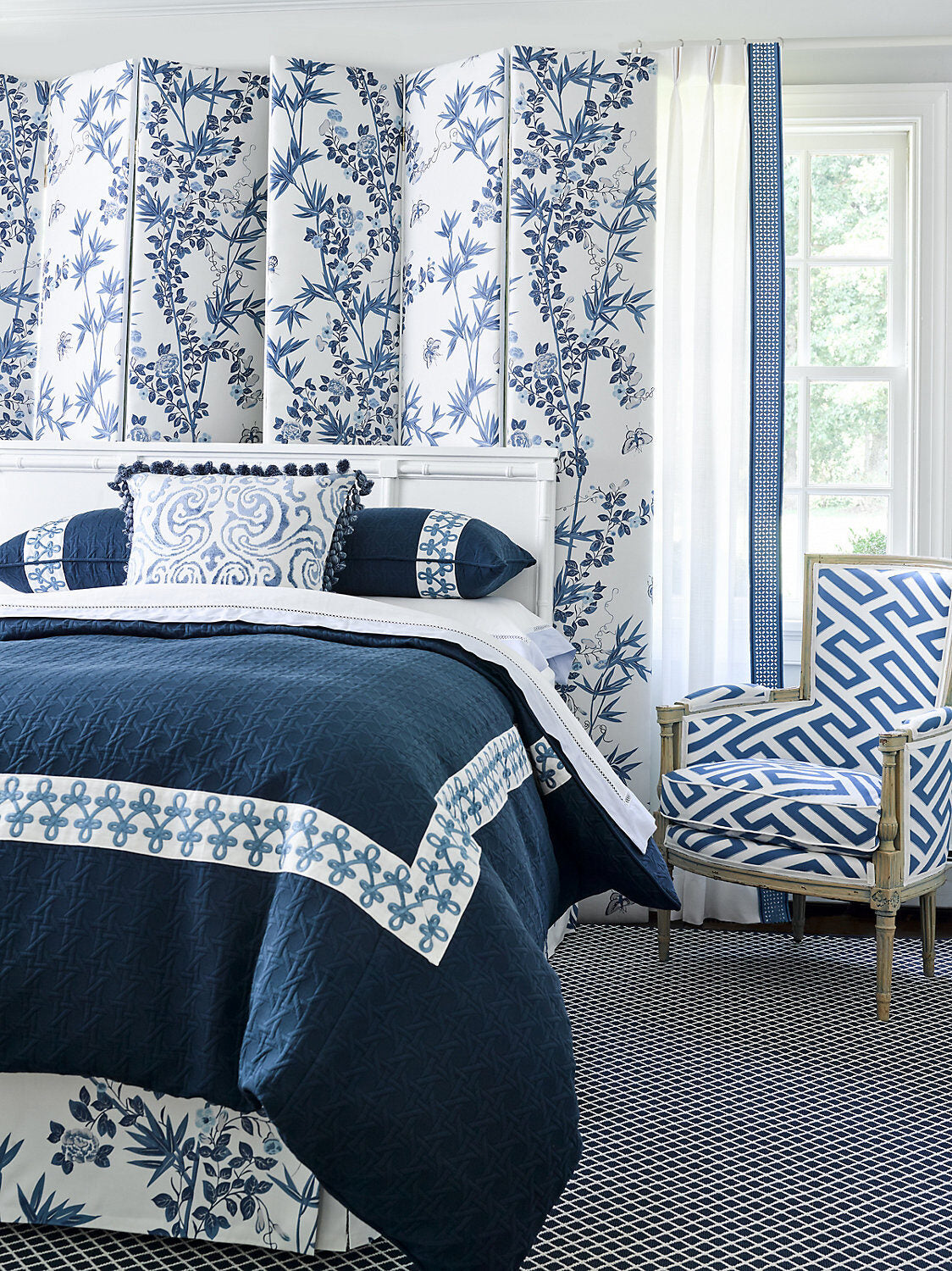 Scalamandre Jardin de Chine Print Porcelain Blue White Cotton Bird Animal Botanical Foliage Chinoiserie Floral Bamboo Butterfly MSRP USD 388/y