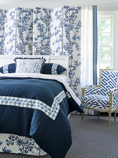 Scalamandre Jardin de Chine Print Porcelain Blue White Cotton Bird Animal Botanical Foliage Chinoiserie Floral Bamboo Butterfly MSRP USD 388/y