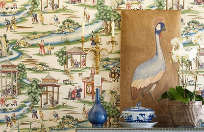 Special Order  Scalamandre Shanghai Multi On Tea Stain - B Chinoisery Painting Printed 100% Paper MSRP USD1256/Y Asian Landscape Wallcovering
