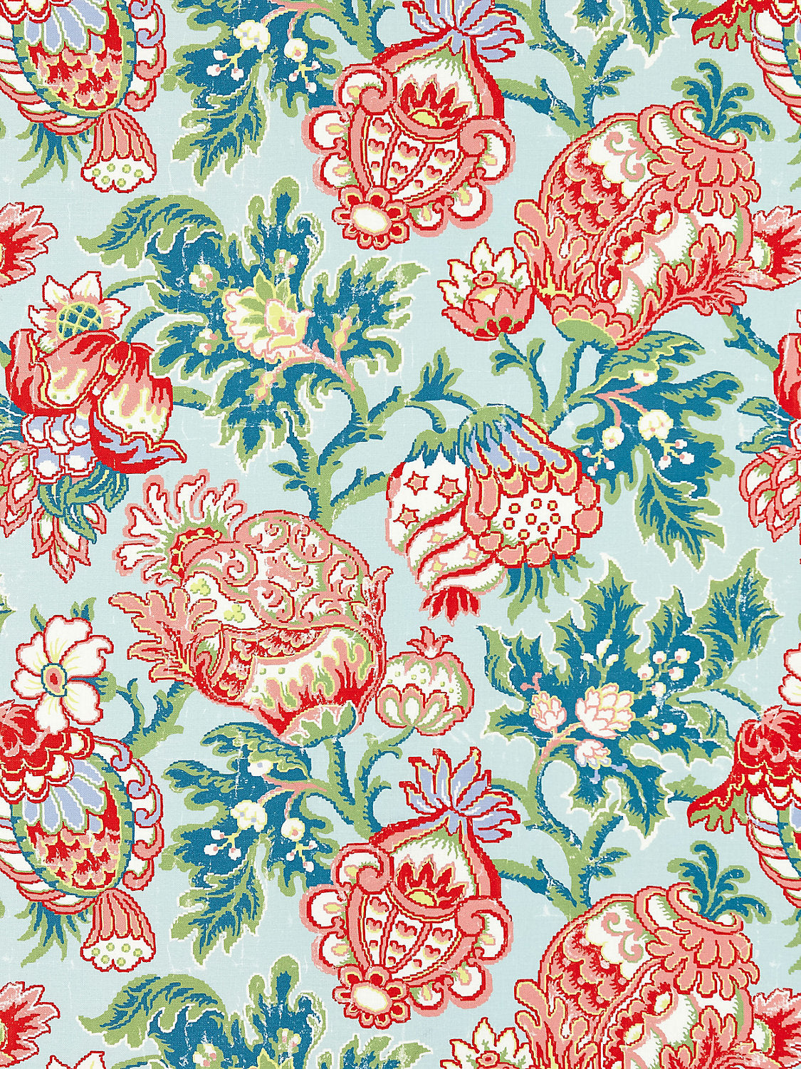Scalamandre Canterbury Linen Print Aquamarine Aqua Red Green Jacobean Tree of Life- Special Order- By The Yard