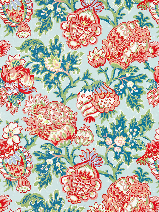 Scalamandre Canterbury Linen Print Aquamarine Aqua Red Green Jacobean Tree of Life- Special Order- By The Yard