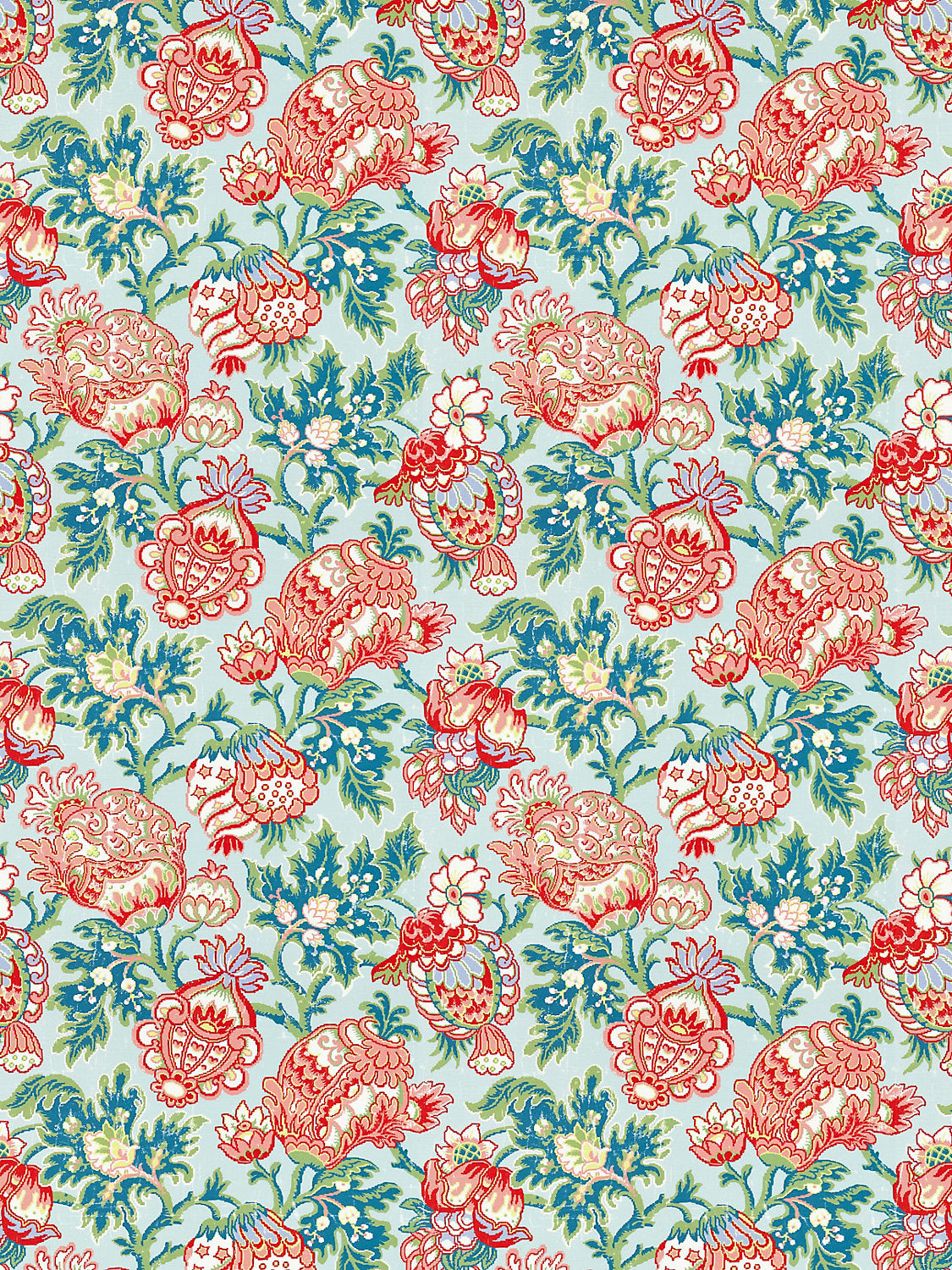 Scalamandre Canterbury Linen Print Aquamarine Aqua Red Green Jacobean Tree of Life- Special Order- By The Yard