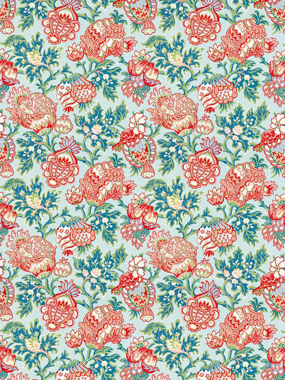 Scalamandre Canterbury Linen Print Aquamarine Aqua Red Green Jacobean Tree of Life- Special Order- By The Yard