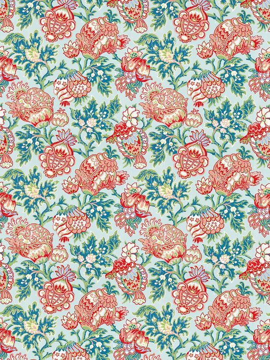 Scalamandre Canterbury Linen Print Aquamarine Aqua Red Green Jacobean Tree of Life- Special Order- By The Yard