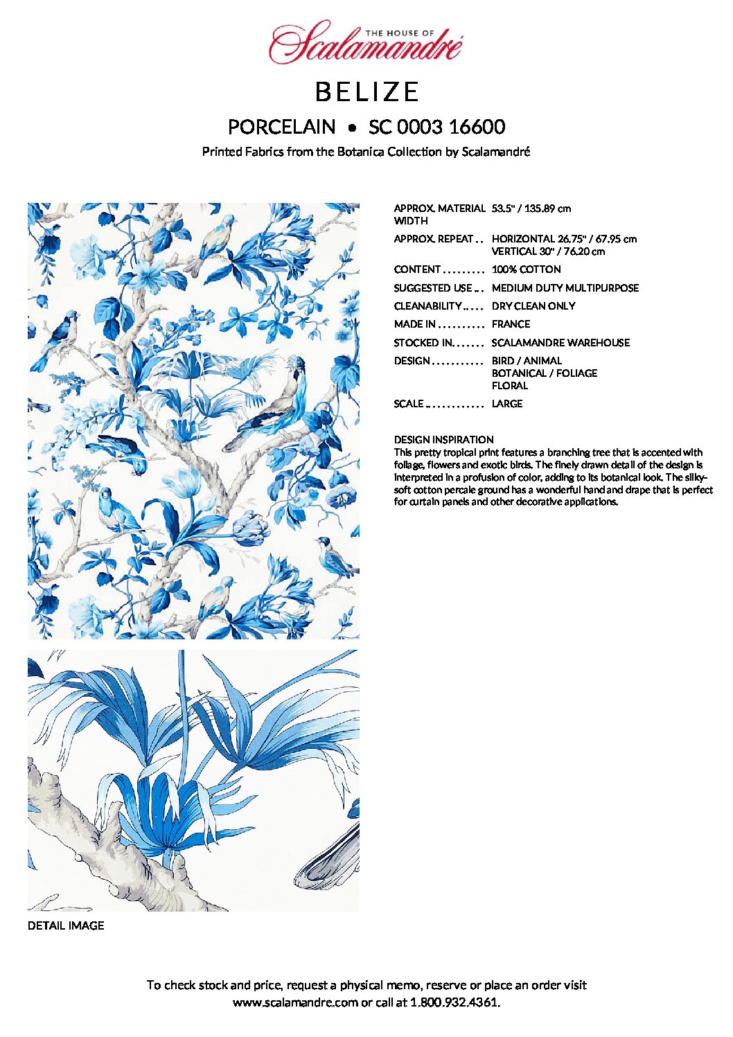 1 Ev17 Scalamandre Sample Berlize Blue Bird Cotton Print  Tropical Tree Flora And Birds 1.4 Yards MSRP USD 454/Y