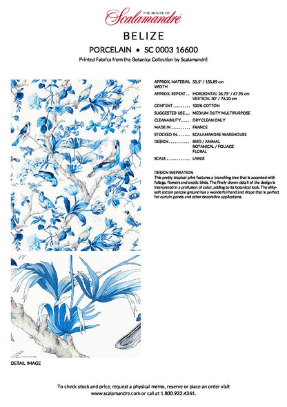 1 Ev17 Scalamandre Sample Berlize Blue Bird Cotton Print  Tropical Tree Flora And Birds 1.4 Yards MSRP USD 454/Y