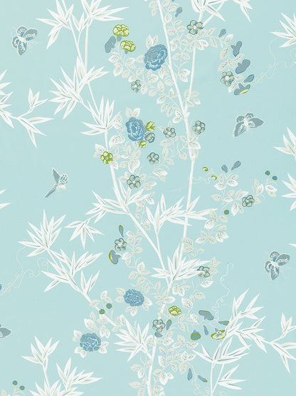 Scalamandre Jardin de Chine Print Ceil Light Blue White Cotton Bird Animal Botanical Foliage Chinoiserie Floral Bamboo Butterfly MSRP USD 388/y
