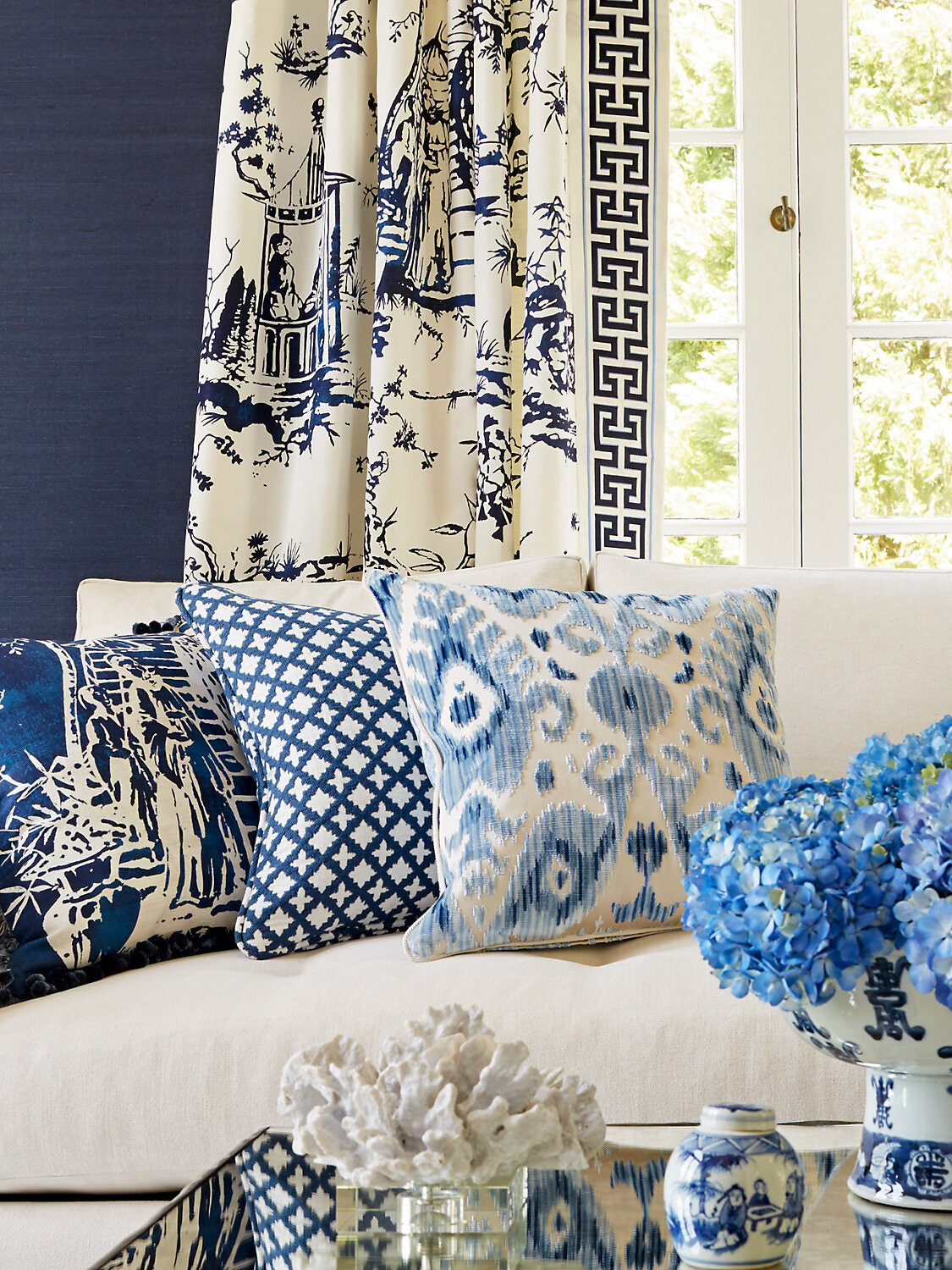 Special Order Scalamandre Tashkent Velvet Pacific Blue Ikat Black Beige Cotton Viscose MSRP USD624/y