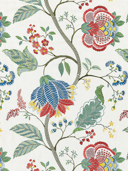Scalamandre Palampore Embroidery Bloom Blue White Green Red Blue Jacobean Tree of Life  Linen Viscose  MSRP USD420/y