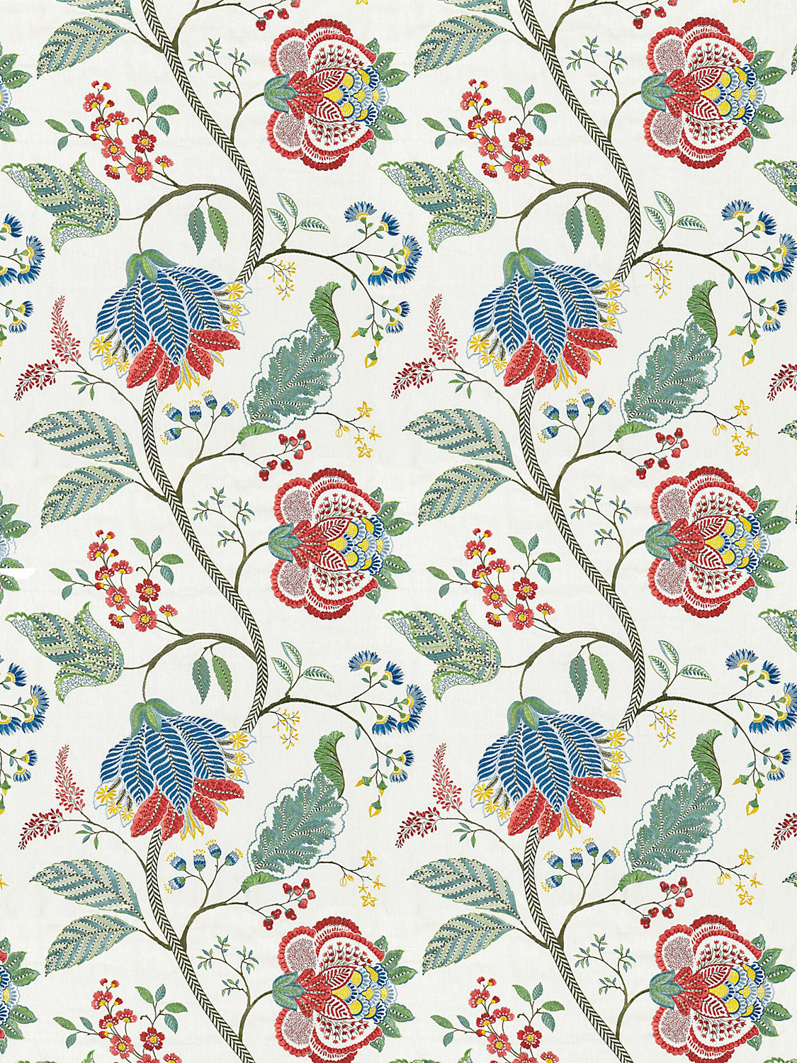 Scalamandre Palampore Embroidery Bloom Blue White Green Red Blue Jacobean Tree of Life  Linen Viscose  MSRP USD420/y