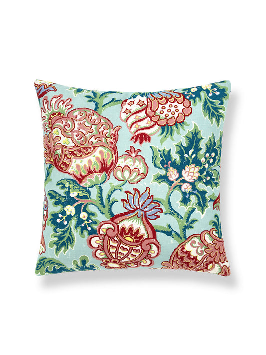 Scalamandre Canterbury Linen Pillow Aquamarine Pillow Case Square Aqua Red Blue Jacobean Tree of Life - 22"x22" inches -Special Order