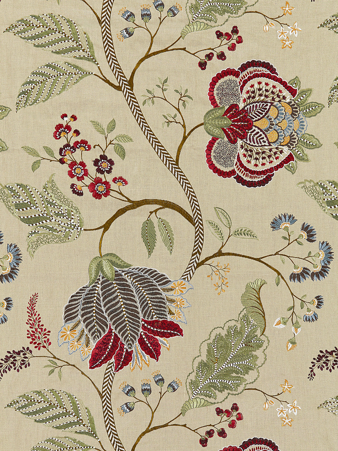 Scalamandre Palampore Embroidery Cinnamon Light Brown Red Green Blue Jacobean Tree of Life  Linen Viscose  MSRP USD420/y