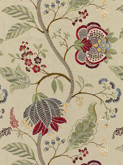 Scalamandre Palampore Embroidery Cinnamon Light Brown Red Green Blue Jacobean Tree of Life  Linen Viscose  MSRP USD420/y