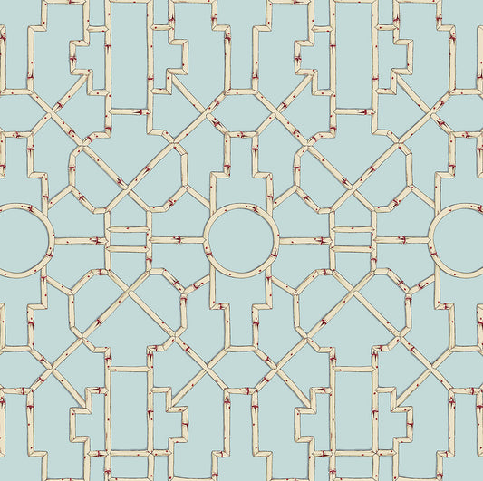Scalamandre Baldwin Bamboo Cream & Red on Aqua Wallcovering