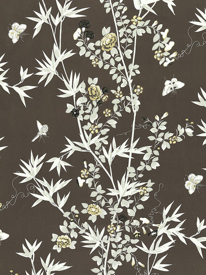 Scalamandre Jardin de Chine Print Espresso Brown White Cotton Bird Animal Botanical Foliage Chinoiserie Floral Bamboo Butterfly MSRP USD 388/y