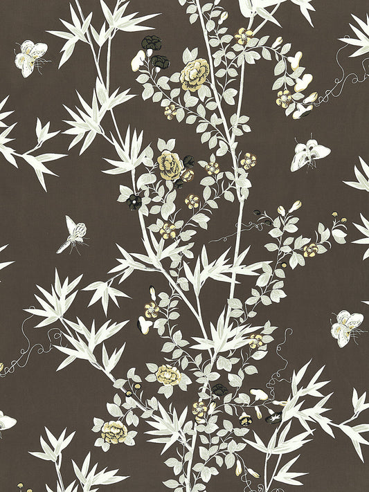 Scalamandre Jardin de Chine Print Espresso Brown White Cotton Bird Animal Botanical Foliage Chinoiserie Floral Bamboo Butterfly MSRP USD 388/y