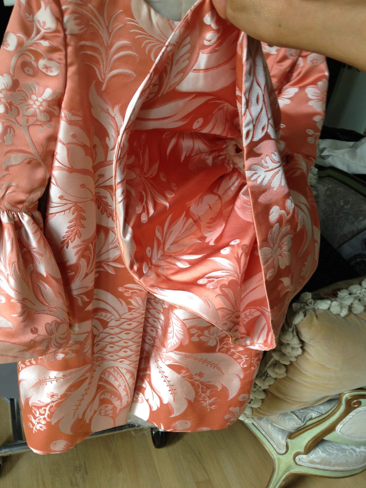 By Yard Scalamandre "NATCHEZ" Silk Lampas in Ripe Peach and Cream Salmon Pink &amp; Off White Silver PineappleWhite 18th C MSRP$1200+/Y