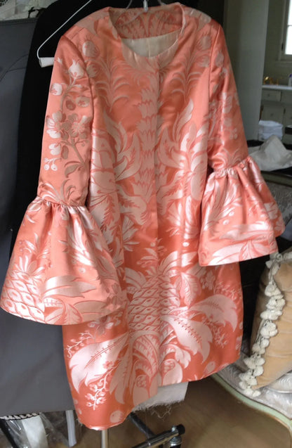 By Yard Scalamandre "NATCHEZ" Silk Lampas in Ripe Peach and Cream Salmon Pink &amp; Off White Silver PineappleWhite 18th C MSRP$1200+/Y