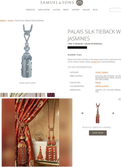 Samuel &amp; Sons Palais Silk Tieback With Jasmines Silk Cotton Wood MSRP USD 1200 Each