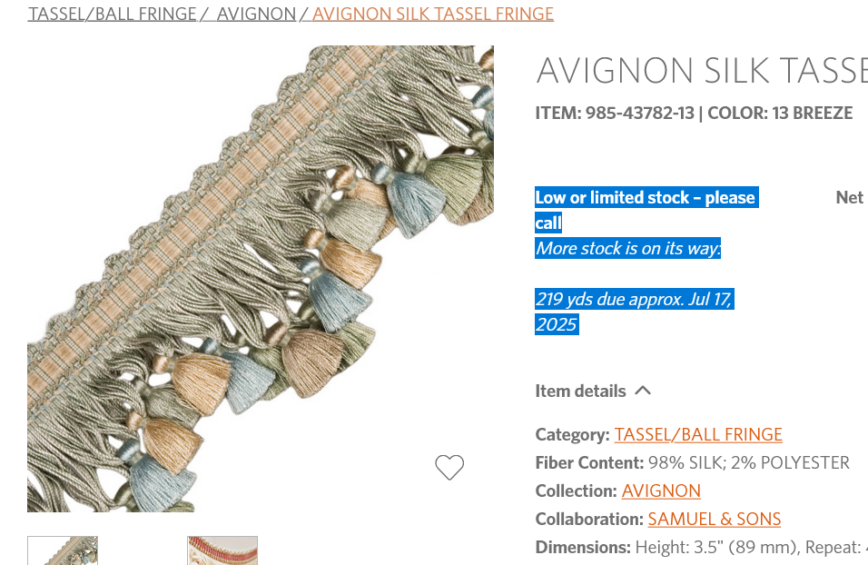 Samuel &amp; Sons Avignon Silk Tassel Fringe ITEM: 985-43782-13 | COLOR: 13 BREEZE MSRP USD 230/Y